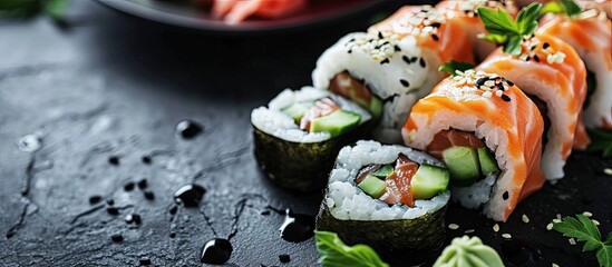 Aufkleber - Sushi rolls close up with salmon avocado and cucumber. Creative Banner. Copyspace image