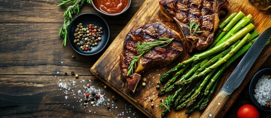Aufkleber - Medium rare grilled Tomahawk beef steak with asparagus Flat lay. Creative Banner. Copyspace image