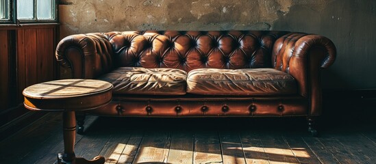 Aufkleber - Photo of luxurious leather sofa and small wooden table. Creative Banner. Copyspace image