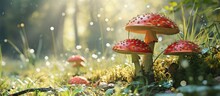 Wild Giant Mushrooms Sprouting In The Meadow On A Blue Tranquil Summer Day. Creative Banner. Copyspace Image