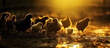 The Little Chickens In The Smart Farming The Animals Farming Business Picture With Yellow Light. Creative Banner. Copyspace Image