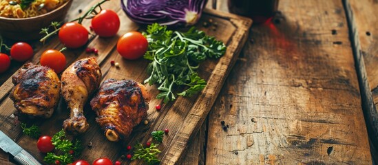 Wall Mural - Roasted chicken drumsticks with cabbage and tomatoes high angle view on rustic wooden table. Creative Banner. Copyspace image