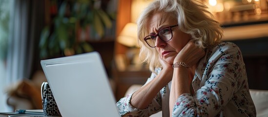 Sticker - Pretty middle aged woman working late in the day on a laptop computer at home running a business from home working remotely getting frustrated. Creative Banner. Copyspace image