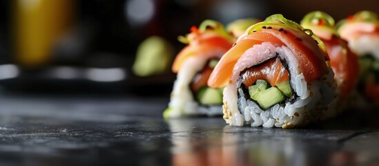 Aufkleber - Sushi rolls close up with salmon avocado and cucumber. Creative Banner. Copyspace image