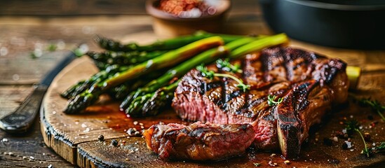 Aufkleber - Medium rare grilled Tomahawk beef steak with asparagus. Creative Banner. Copyspace image