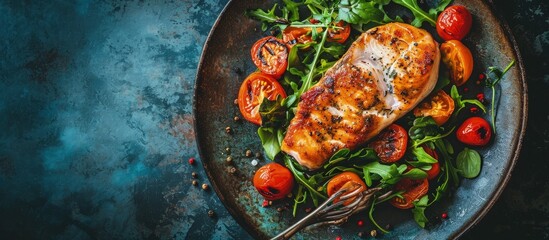 Poster - Tasty roasted fish fillet Arctic char and fresh vegetables close up on a plate horizontal view from above. Creative Banner. Copyspace image