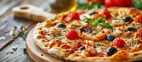 Poster - Traditional Italian pizza with crab sticks and olives Top view free space for your text Rustic style. Creative Banner. Copyspace image