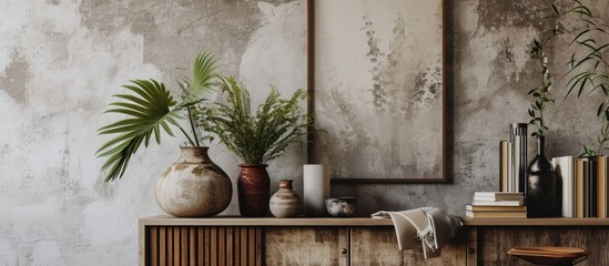 Aufkleber - Stylish scandinavian interior of living room with mock up poster frame wooden console plants airplant books decoration grunge wall and elegant personal accessories in modern home decor