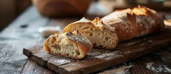 Wall Mural - Stack of a ciabatta bread or bun on a wooden board Freshly baked traditional bread Shallow depth of field. Creative Banner. Copyspace image