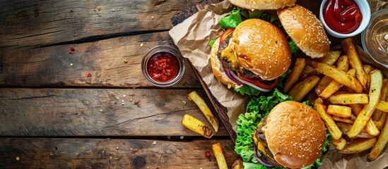 Poster - Two fresh homemade burgers with fried potatoes on a wooden table With copy space. Creative Banner. Copyspace image
