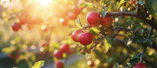 Poster - Red apples on apple tree branch bright rays of the sun. Creative Banner. Copyspace image