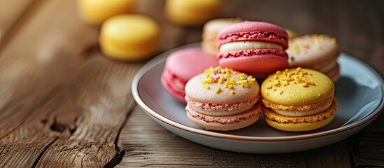 Aufkleber - Small pastel colored macaroons on a square minimal style table in flat lay top view image Delicious macaroon desserts with a smile texted plate. Creative Banner. Copyspace image