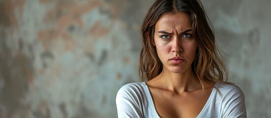 Poster - Young pregnant woman at therapy session skeptic and nervous disapproving expression on face with crossed arms negative person. Creative Banner. Copyspace image