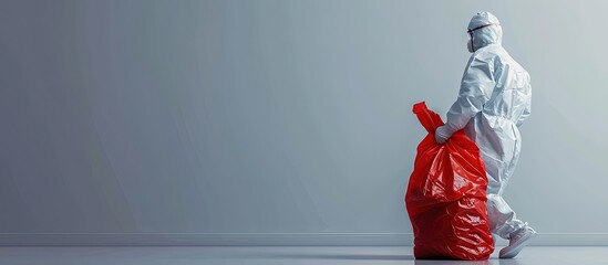 Man in protective suit and disposal container for Infectious waste Infectious waste must be disposed in the trash red bag Coronavirus protection equipment in medical waste bin. Creative Banner