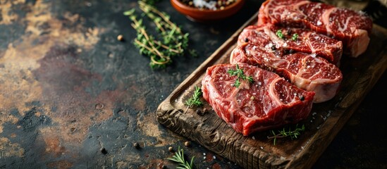 Poster - Raw dry aged wagyu entrecote beef steak roast as closeup on a rustic wooden cutting board. Creative Banner. Copyspace image
