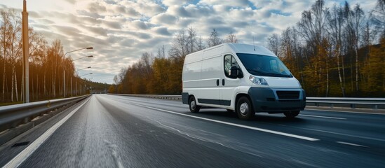 Aufkleber - White delivery van on the highway White modern delivery small shipment cargo courier van moving fast on motorway road to city urban suburb The world s best transport of goods. Creative Banner