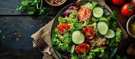 Poster - Quinoa salad with fresh tomatoes cucumbers and salad leaves. Creative Banner. Copyspace image