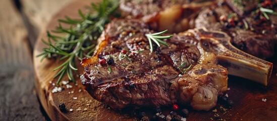 Poster - Thick Raw T Bone Steak with Seasoning and Rosemary. Creative Banner. Copyspace image