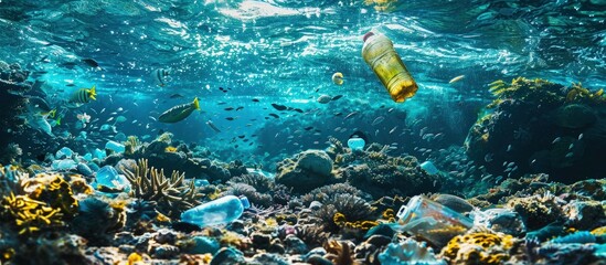 Aufkleber - Plastic remains in water polluted ocean underwater marine ecologic concept. Creative Banner. Copyspace image