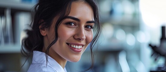 Wall Mural - my working day beautiful cheerful dark haired researcher smiling and wearing a uniform while working