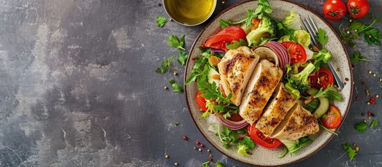 Poster - Roasted whole chicken on a plate with vegetables. Creative Banner. Copyspace image