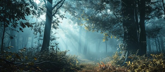 The most beautiful forest with mystical and mysterious views and atmospheric sunrises in the early misty mornings. Creative Banner. Copyspace image