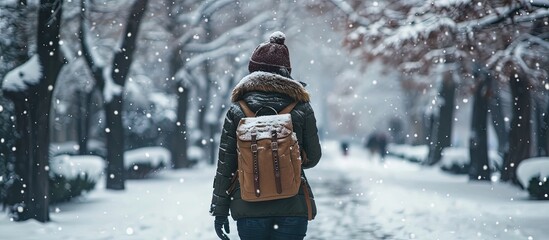 Sticker - woman walking by snowed city park view from behind backpack. Creative Banner. Copyspace image