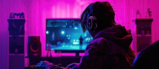 Aufkleber - The player plays the console Neon gaming room High quality photo. Creative Banner. Copyspace image