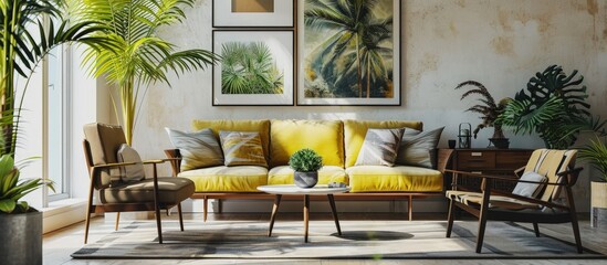Aufkleber - Modern scandinavian home interior of living room with design retro furniture tropical palm gallery wall decoration and elegant personal accessoreis in stylish home decor. Creative Banner
