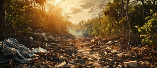 Poster - There is a lot of garbage in the forest The concept of human pollution of forests and nature A terrible dump in the woods. Creative Banner. Copyspace image