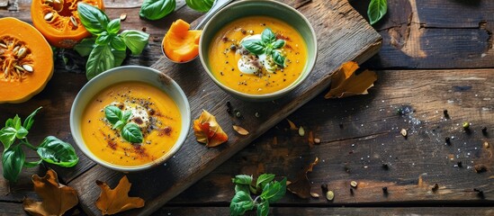Aufkleber - Pumpkin soup with cream spices and basil in two serving bowls on a natural wooden background Autumn vegetarian soup Top view copy space. Creative Banner. Copyspace image
