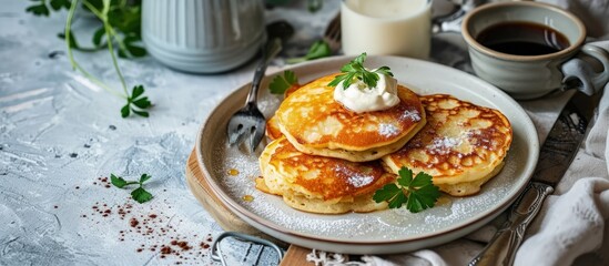 Aufkleber - Potato pancakes with sour cream on white. Creative Banner. Copyspace image