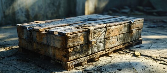 Sticker - Wooden box is on ground Container from black boards Weapon storage box Container for industrial equipment on pallet Large wooden box on pavement Tara for cargo transportation. Creative Banner