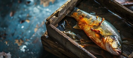 Poster - Smoked fish in smokehouse box Hot smoked river bass fish cooked with your own hands in a mini smokehouse. Creative Banner. Copyspace image