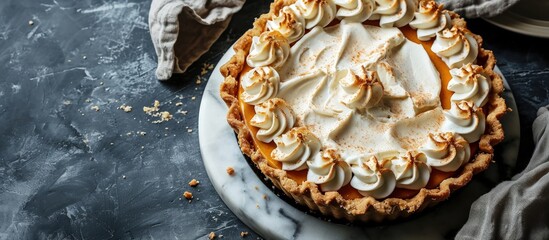 Canvas Print - Pumpkin cheesecake swirl pie topped with whipped cream on a marble board original Thanksgiving dessert idea. Creative Banner. Copyspace image