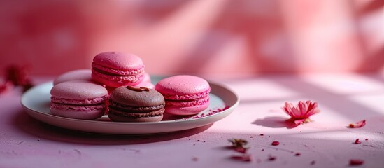 Aufkleber - Small pastel colored macaroons on a square minimal style table in flat lay top view image Delicious macaroon desserts with a smile texted plate. Creative Banner. Copyspace image