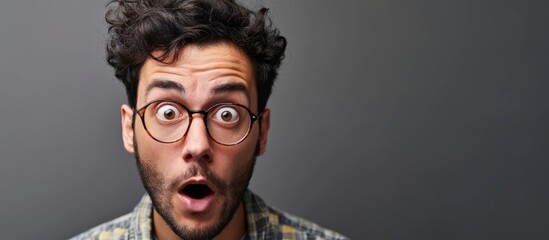 Poster - Young hispanic man wearing casual clothes and glasses afraid and shocked with surprise expression fear and excited face. Creative Banner. Copyspace image