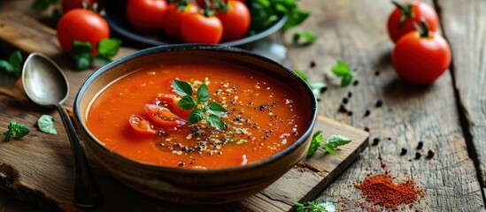 Aufkleber - Roasted tomato red pepper soup Selective focus copy spce. Creative Banner. Copyspace image