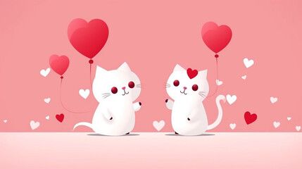 copy space, simple illustration,  valentine cute cats couple falling in love, handdrawn. Cute valentine card with cats. Beautiful background or for valentine’s day. Beautiful background. Valentine’s c