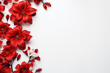 White Background With Red Beautiful Flowers On The Left And Space For Text. Generated By Artificial Intelligence