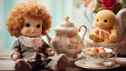 Poster -  a doll sitting on a table next to a tea pot and a teacup with a teddy bear on it.