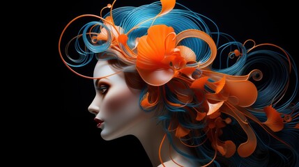 Canvas Print -  a woman's head with blue and orange hair and a flower in the middle of her hair, on a black background.