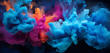 Bursting Clouds Of Vivid Cerulean Smoke Exploding Against A Deep Ebony Backdrop In A Kaleidoscope Of Colors.