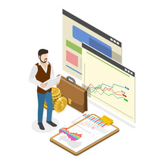 Wall Mural - 3D Isometric Flat Vector Illustration of Financial Analysis, Stock Trading, Planning Investment Strategy. Item 3