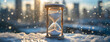 Hourglass on Snowy Sill: The Fleeting Nature of Time. An antique timepiece rests on a frosty window ledge, its sands shifting amidst a winter sunrise. City backdrop, symbolizing the passage of time.