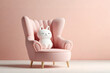 © Ocharonata - pink cozy designer sofa and pillow in the shape of a cat in minimalistic pastel interior