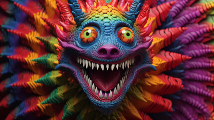 Fearsome, vibrantly-colored face with elaborate neck frill