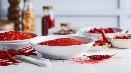 Wall Mural - Closup of small bowls with red chillies and red chillipulver on white table, white kitchen atmosphere