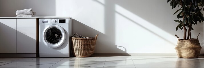 Wall Mural - Elegant washing machine and laundry basket next to clean white wall