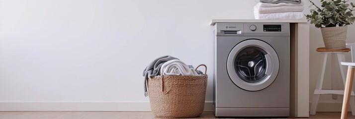 Wall Mural - Elegant washing machine and laundry basket next to clean white wall